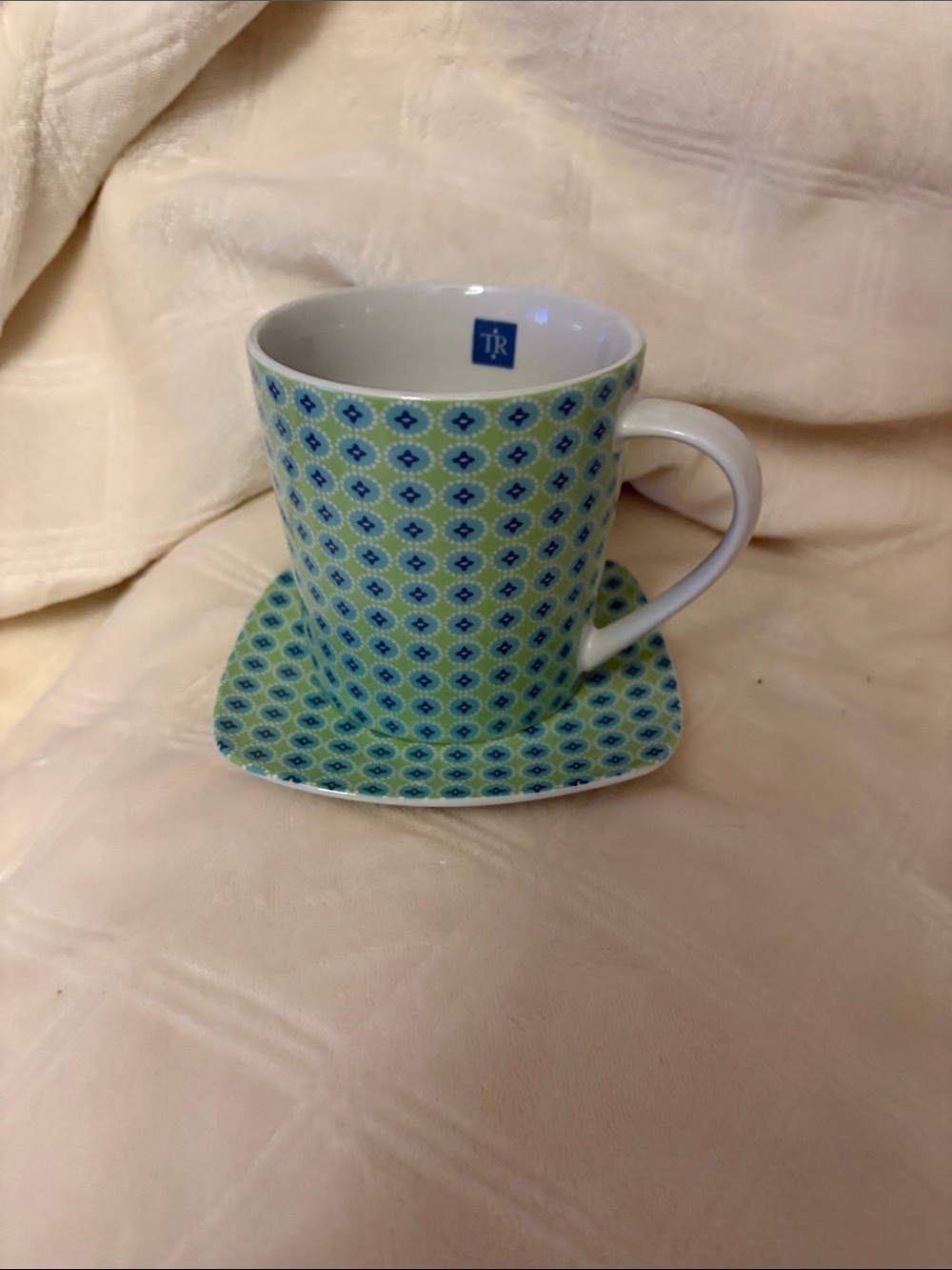 Trish Richman Blue & Green Patterned Porcelain Mug with Saucer